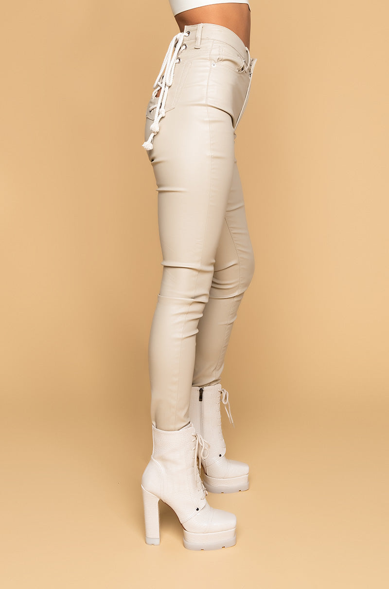 Side View On Duty Vegan Leather Lace Up Skinny Pants in Beige