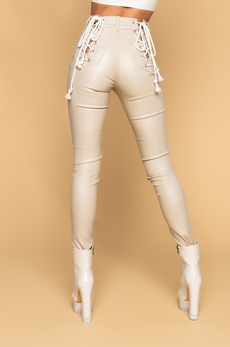 Back View On Duty Vegan Leather Lace Up Skinny Pants in Beige