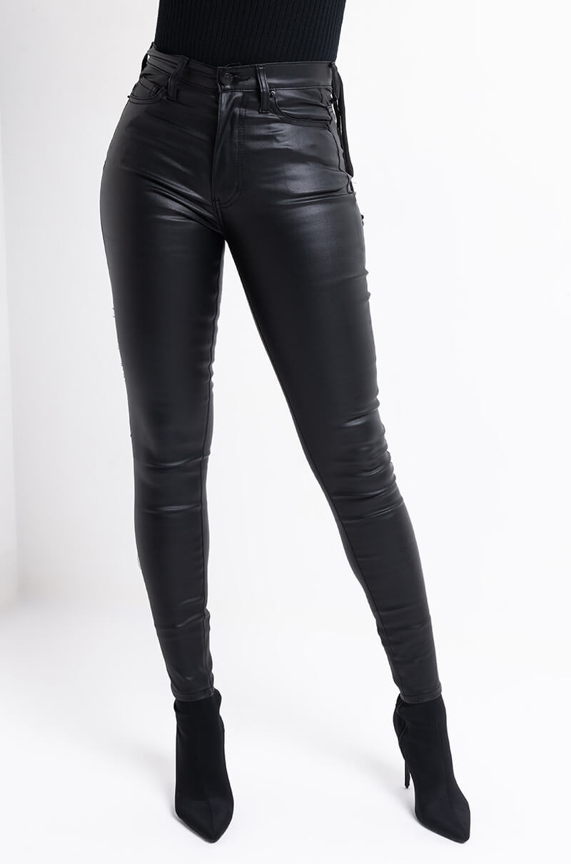 ON DUTY FAUX LEATHER LACE UP SKINNY PANTS WITH 4 WAY STRETCH view 0