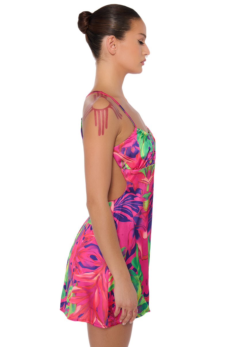 Full View On Holiday Satin Printed Mini Dress