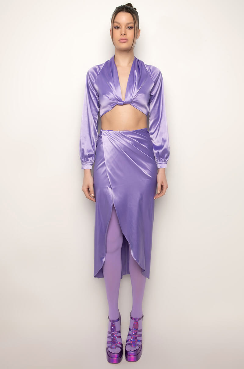 Extra View On My Level Twist Front Satin Crop Blouse