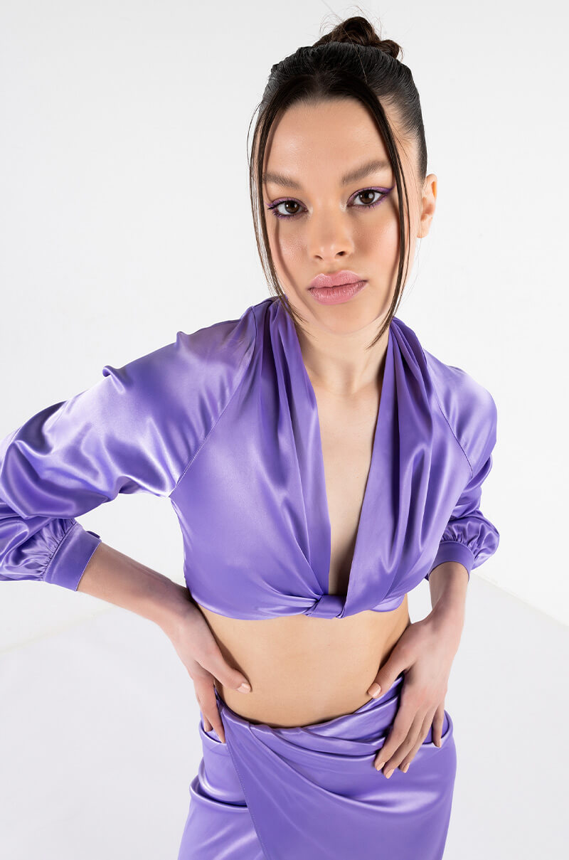 Front View On My Level Twist Front Satin Crop Blouse