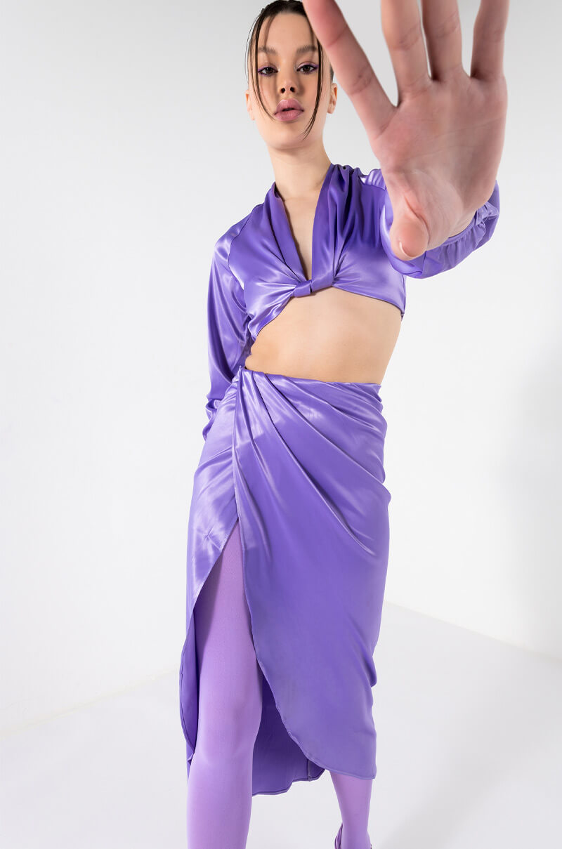 Side View On My Level Twist Front Satin Crop Blouse