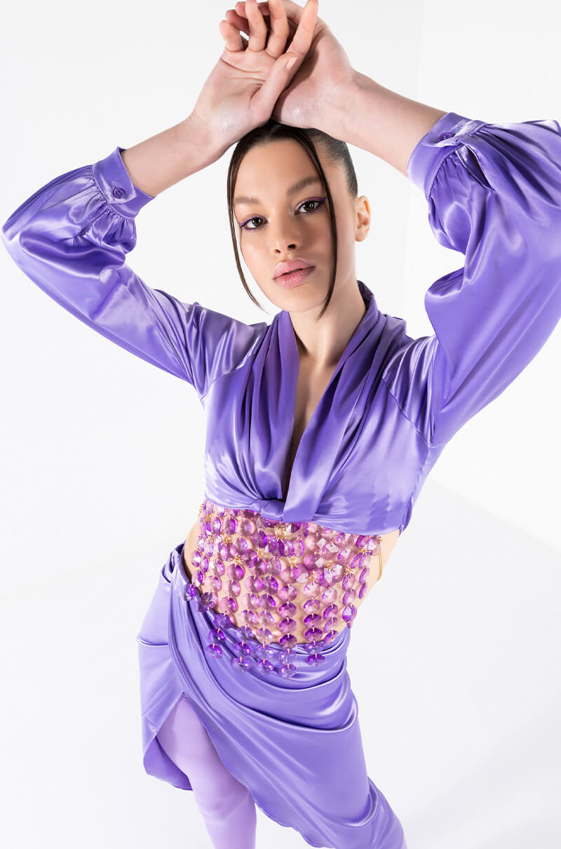 Back View On My Level Twist Front Satin Crop Blouse