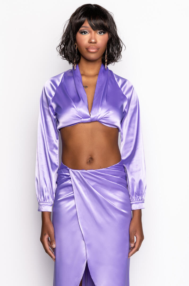 Back View On My Level Twist Front Satin Crop Blouse