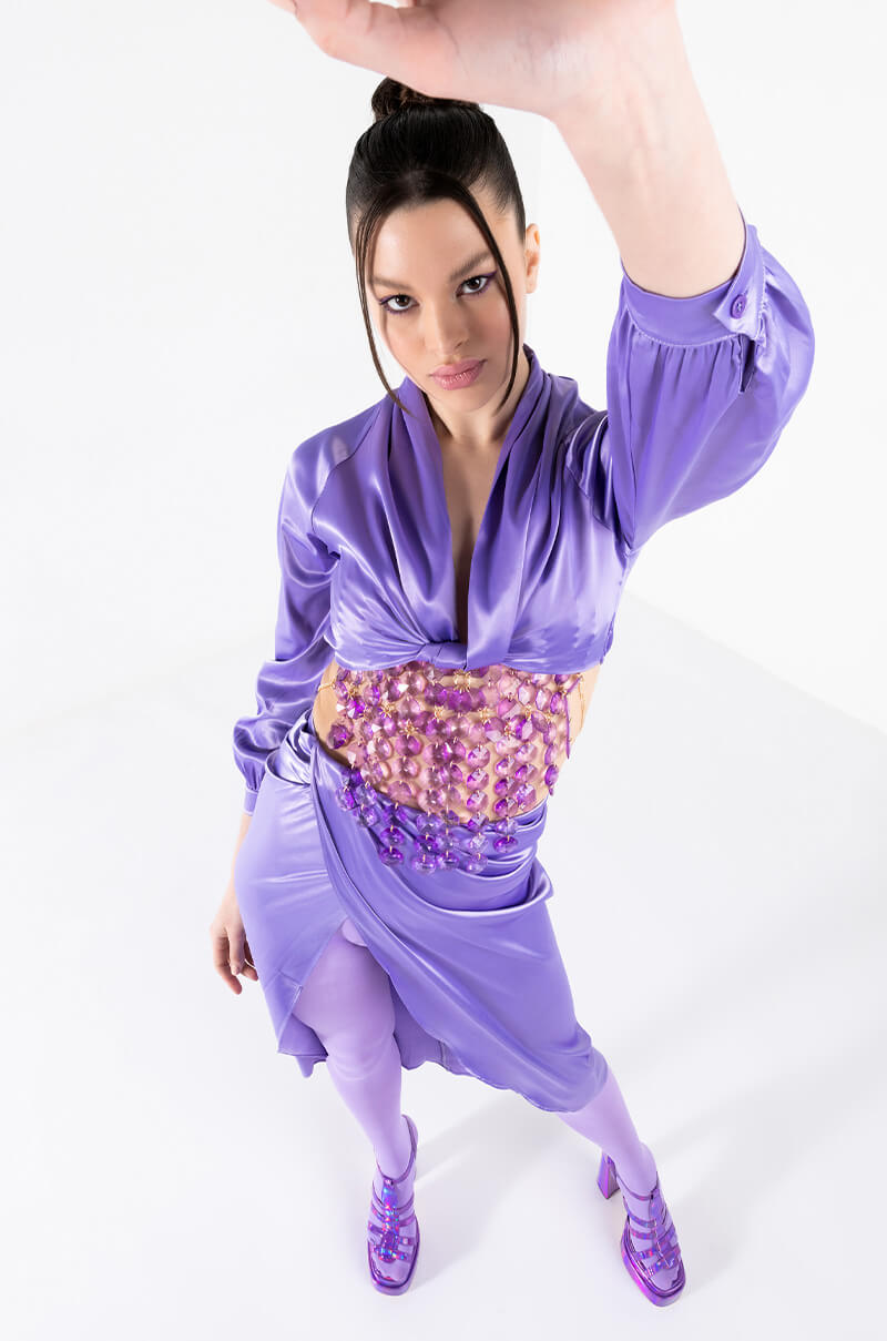 Detail View On My Level Twist Front Satin Crop Blouse