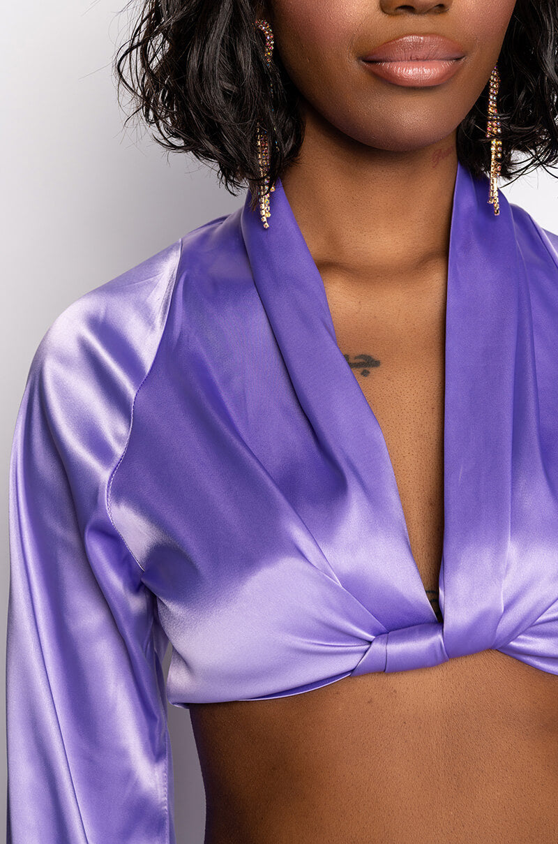Extra View On My Level Twist Front Satin Crop Blouse