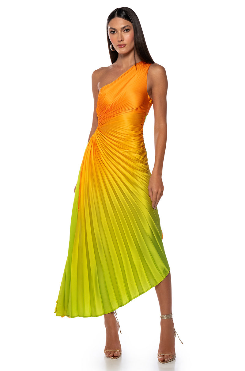 Side View On My Own Wave Ombre One Shoulder Maxi Dress In Orange