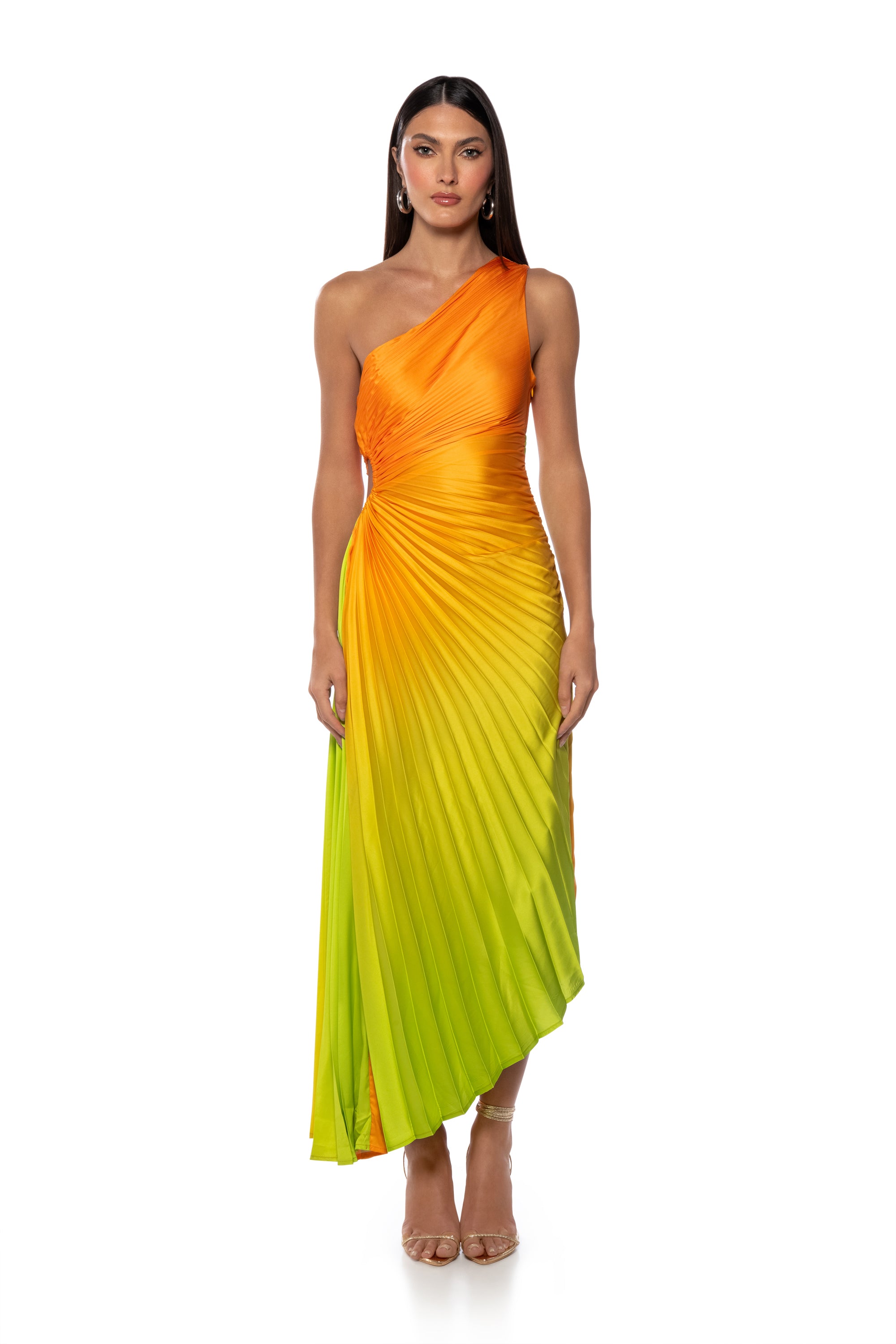 Extra View On My Own Wave Ombre One Shoulder Maxi Dress In Orange