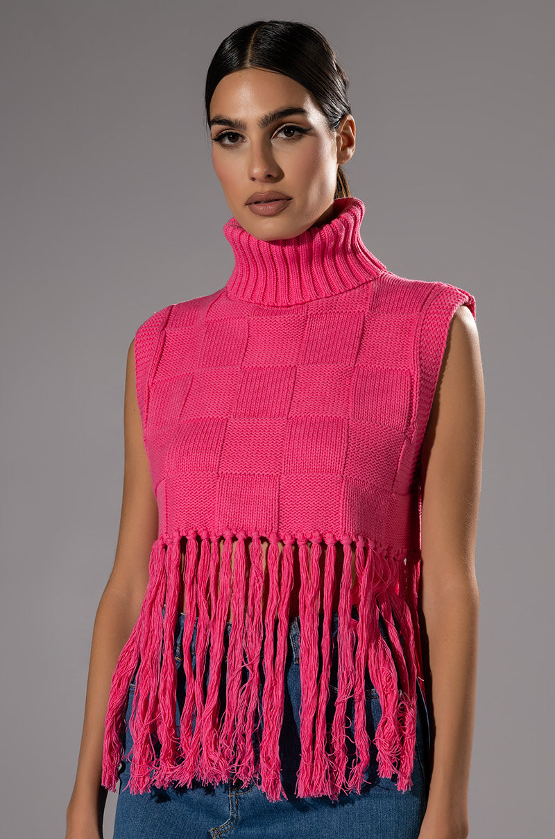 Front View On Purpose Sleeveless Turtleneck Fringe Sweater In Pink 0