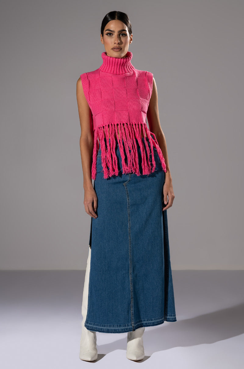 Side View On Purpose Sleeveless Turtleneck Fringe Sweater In Pink 1