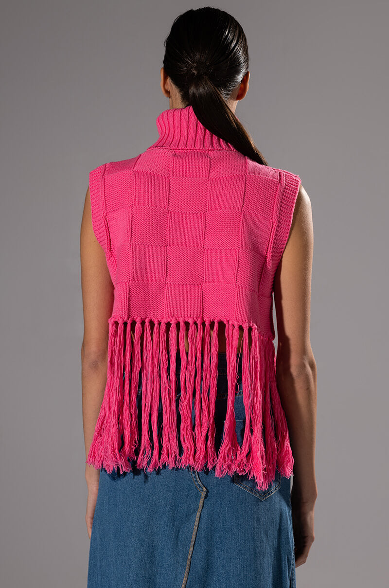 Detail View On Purpose Sleeveless Turtleneck Fringe Sweater In Pink 3