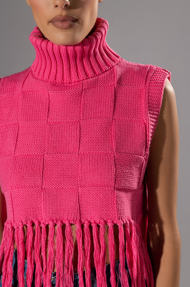 Full View On Purpose Sleeveless Turtleneck Fringe Sweater In Pink 4
