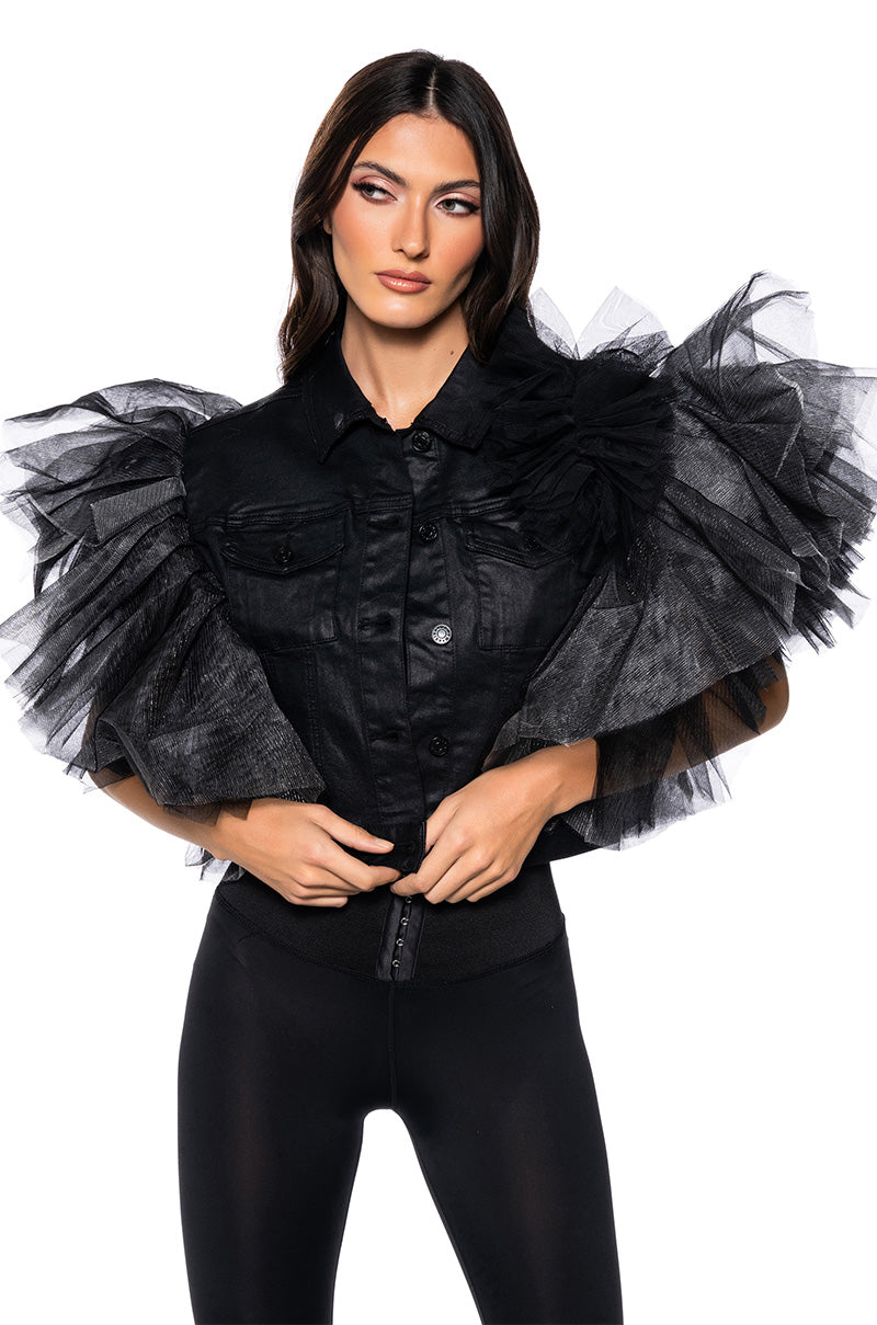 ON REPEAT TULLE SHOULDER VEST IN BLACK PU view 0