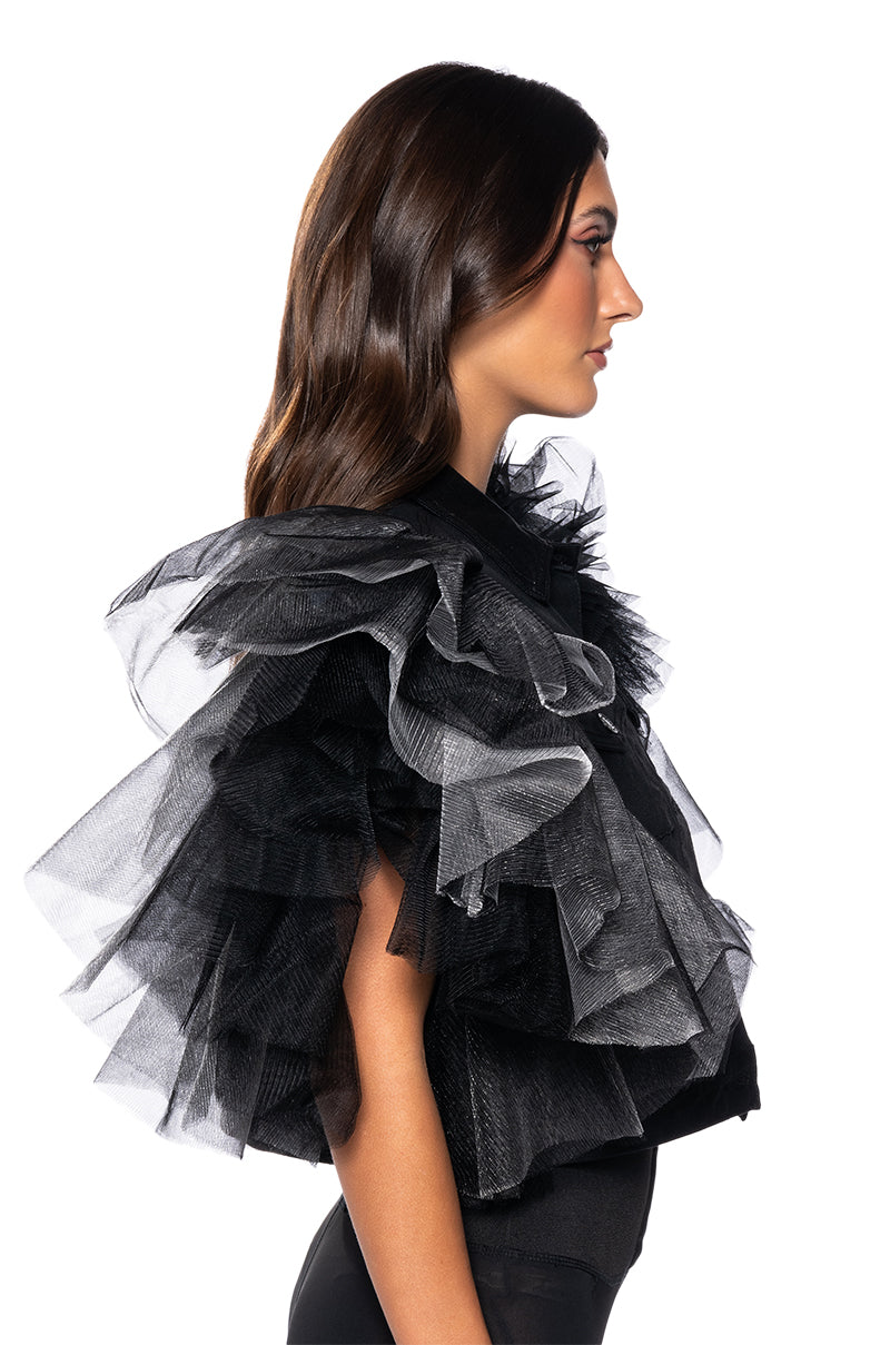 Detail View On Repeat Tulle Shoulder Vest In Black Pu