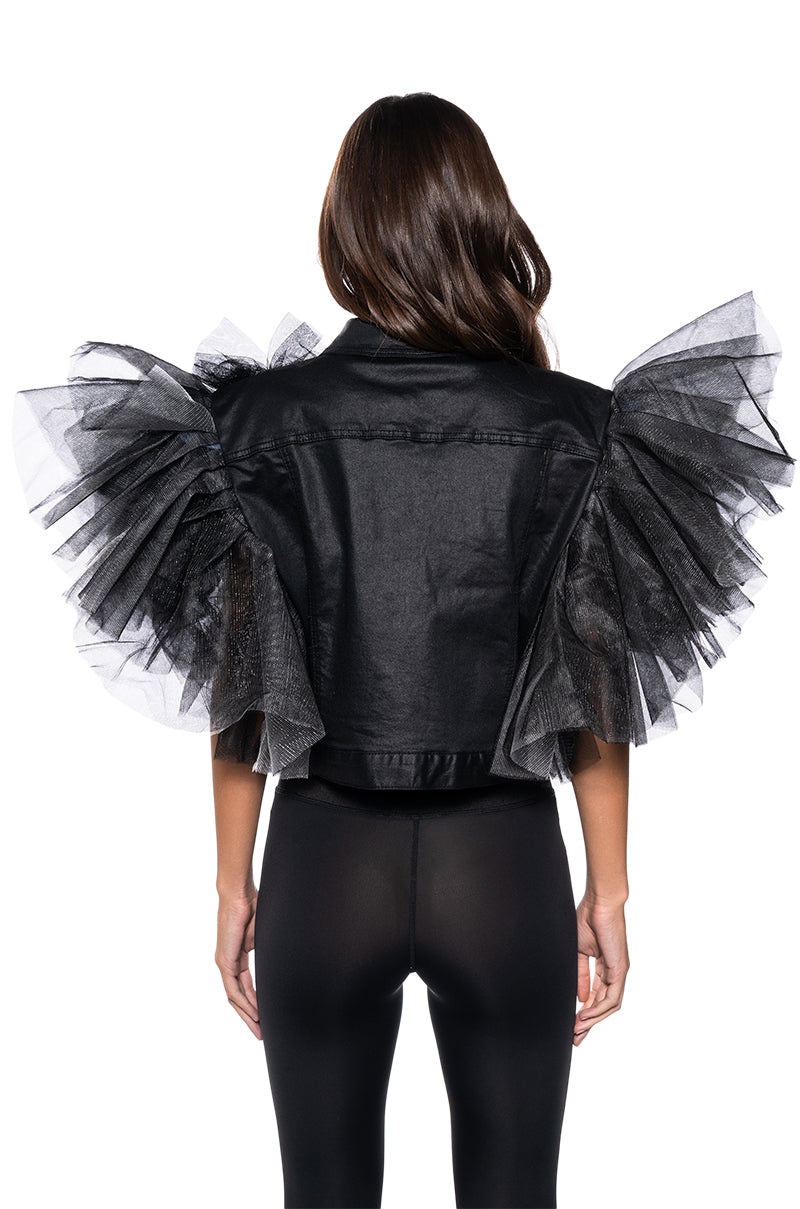 Full View On Repeat Tulle Shoulder Vest In Black Pu