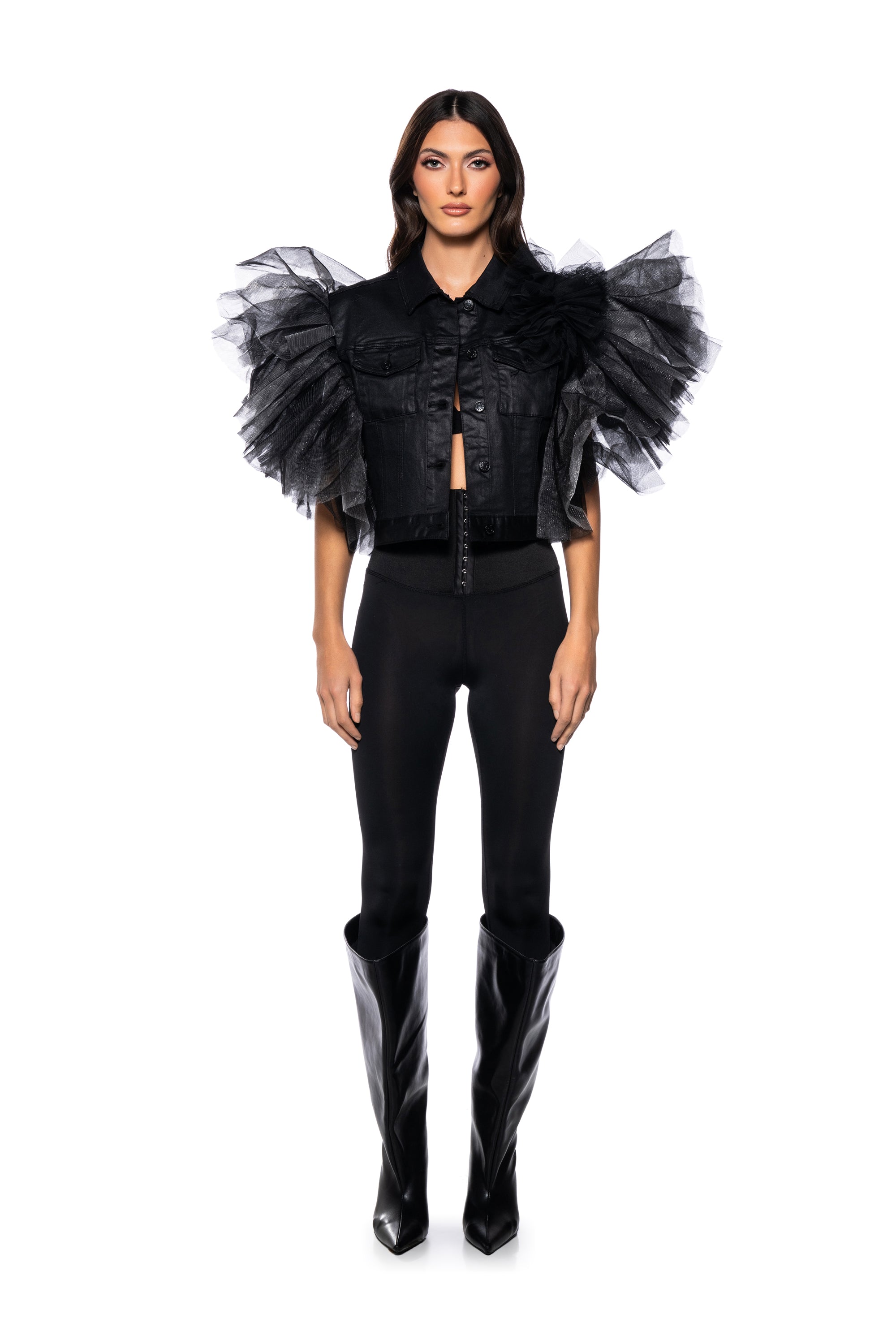 Extra View On Repeat Tulle Shoulder Vest In Black Pu