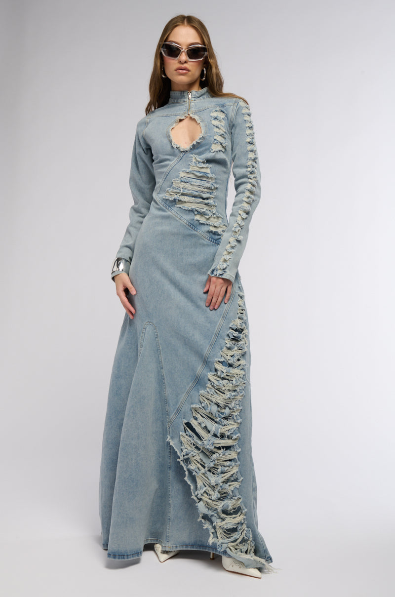 ON THE EDGE DISTRESSED DENIM MAXI DRESS – AKIRA