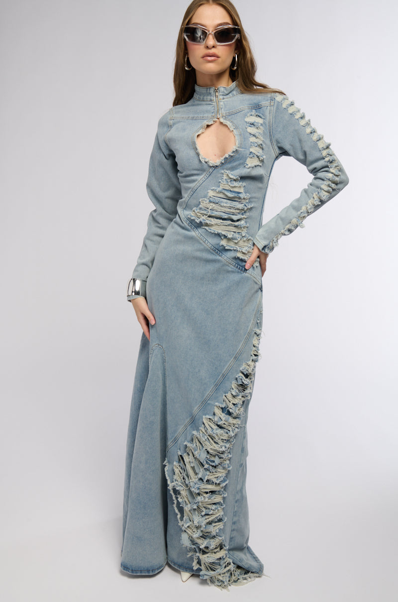 Back View On The Edge Distressed Denim Maxi Dress