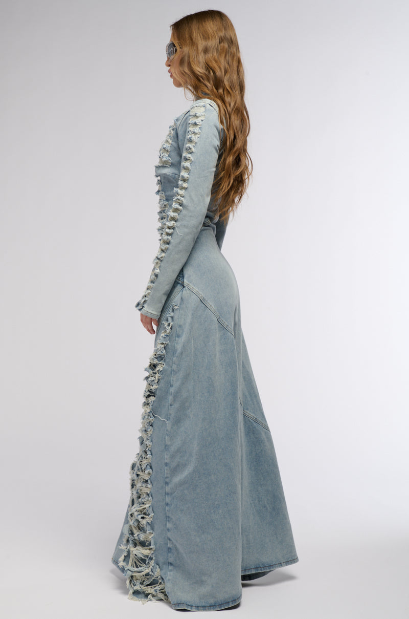 Detail View On The Edge Distressed Denim Maxi Dress