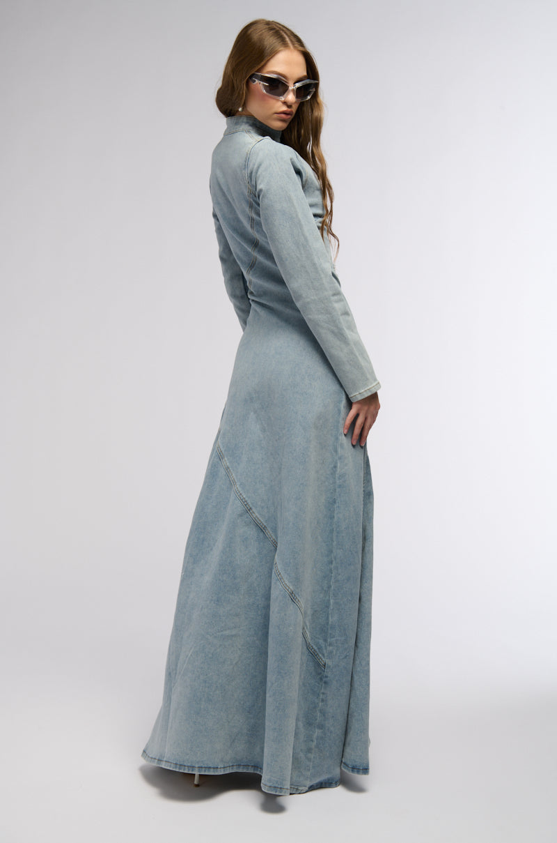 ON THE EDGE DISTRESSED DENIM MAXI DRESS AKIRA ON THE EDGE DISTRESSED DENIM MAXI DRESS AKIRA