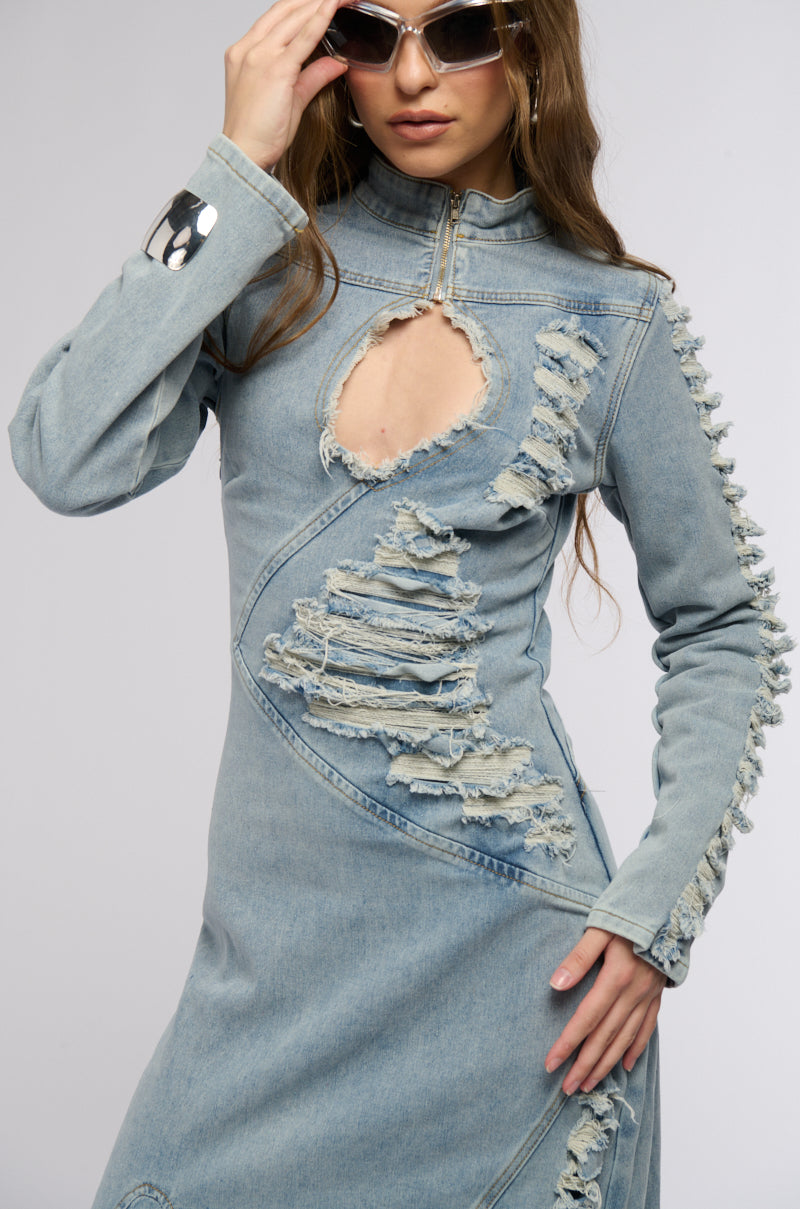 ON THE EDGE DISTRESSED DENIM MAXI DRESS – AKIRA