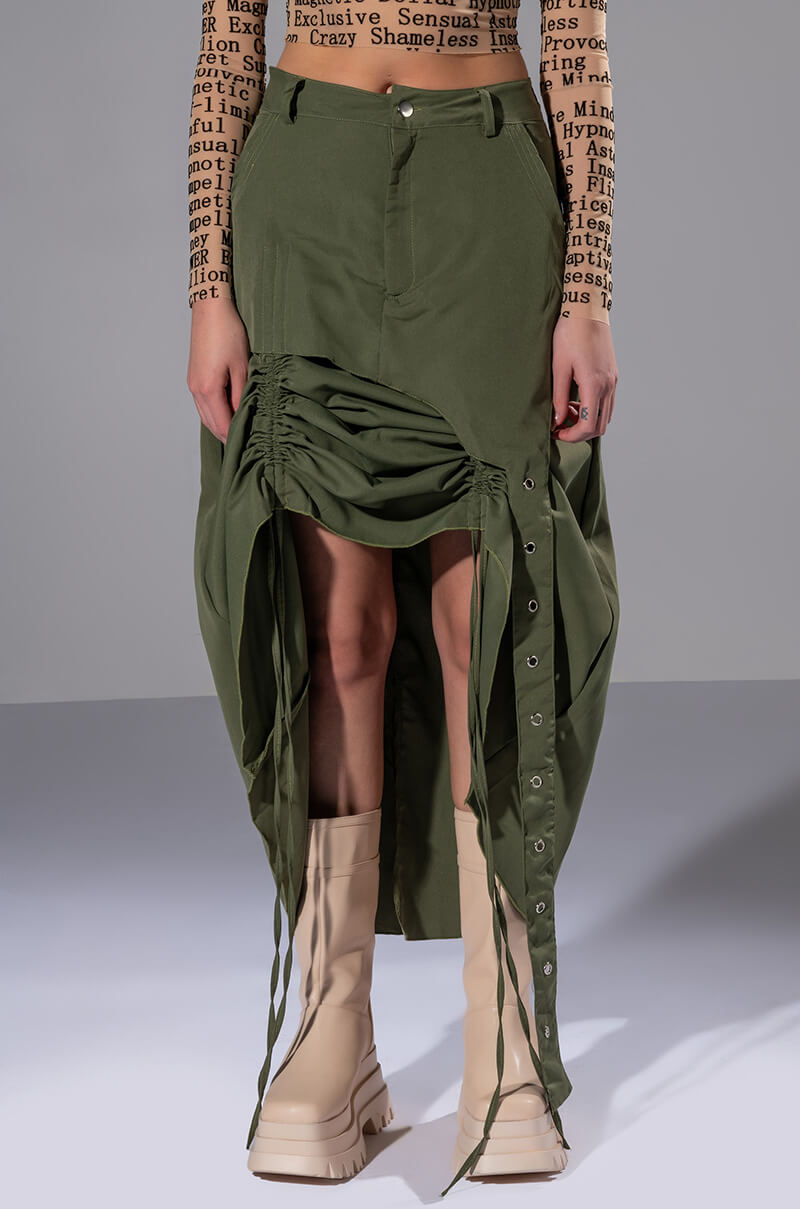 ON THE GO CINCHED OLIVE MIDI SKIRT view 0