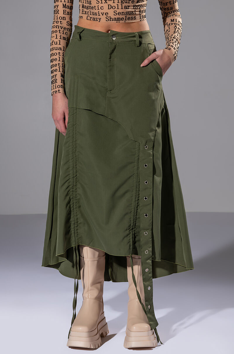 Side View On The Go Cinched Olive Midi Skirt