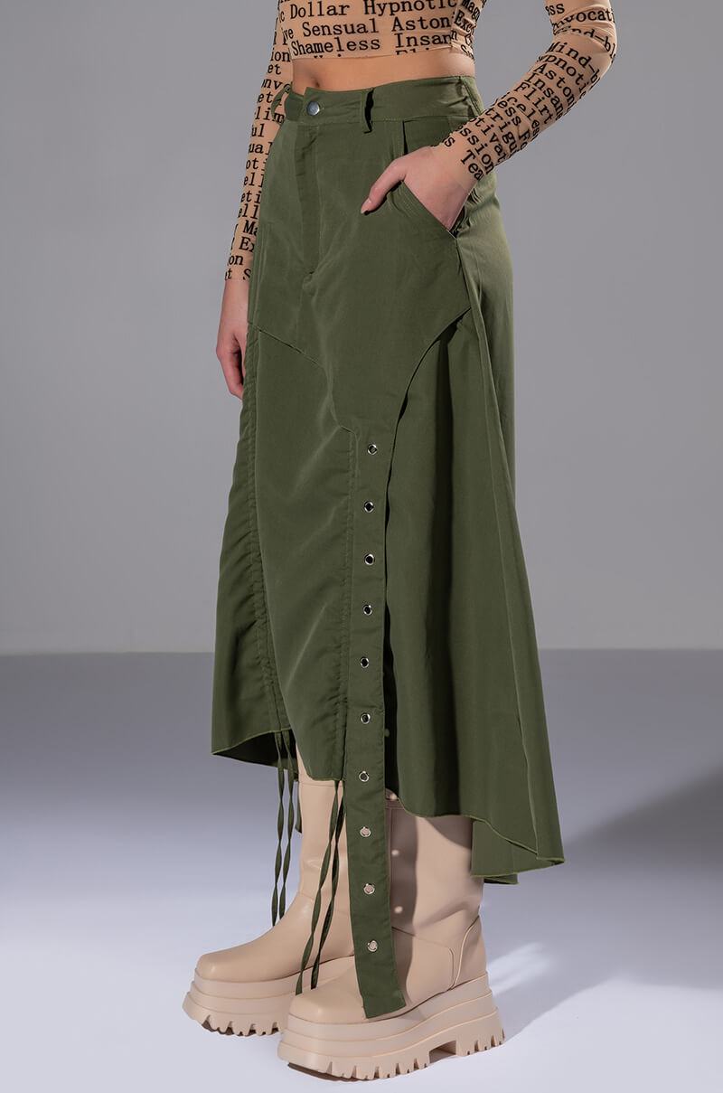 Back View On The Go Cinched Olive Midi Skirt