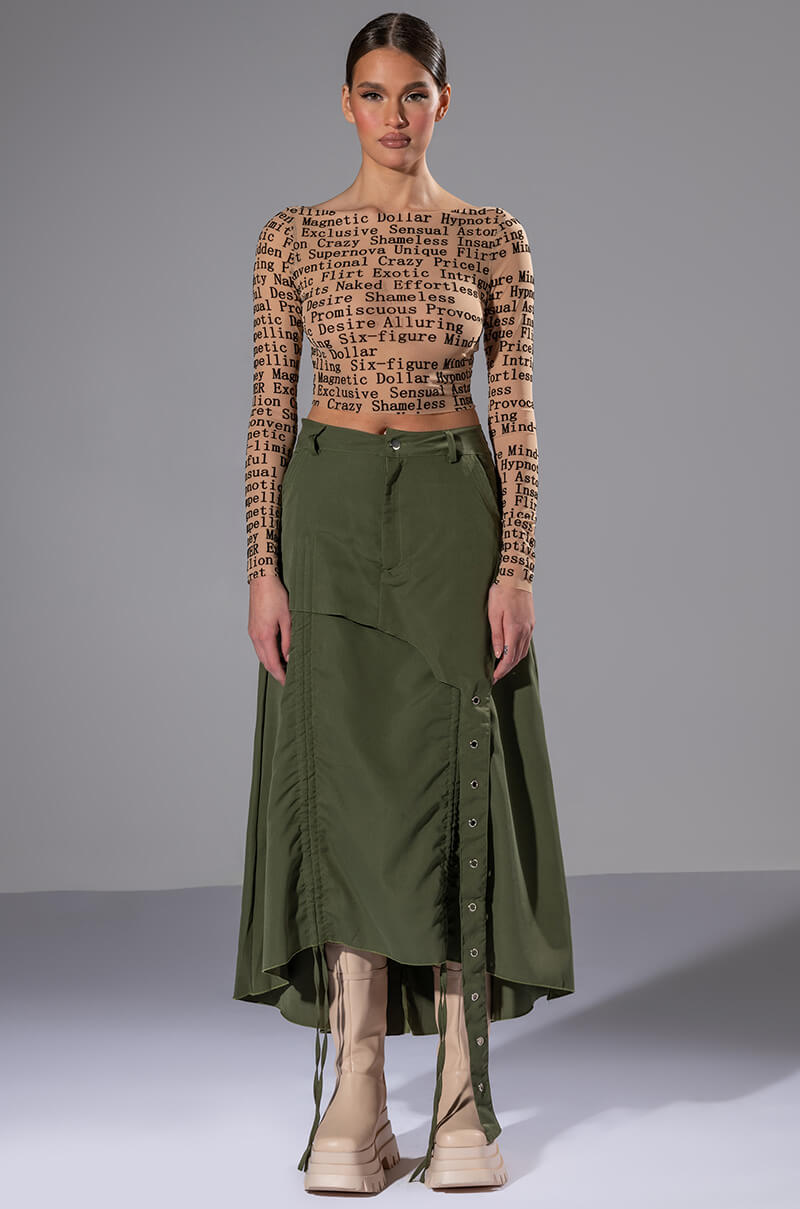 Detail View On The Go Cinched Olive Midi Skirt