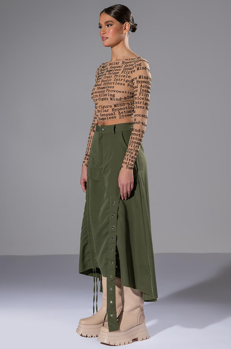 Full View On The Go Cinched Olive Midi Skirt