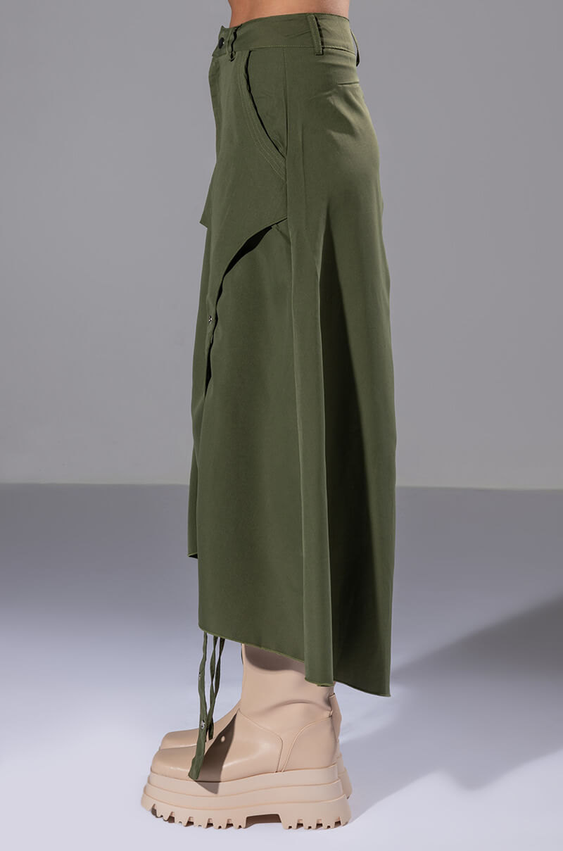 Extra View On The Go Cinched Olive Midi Skirt