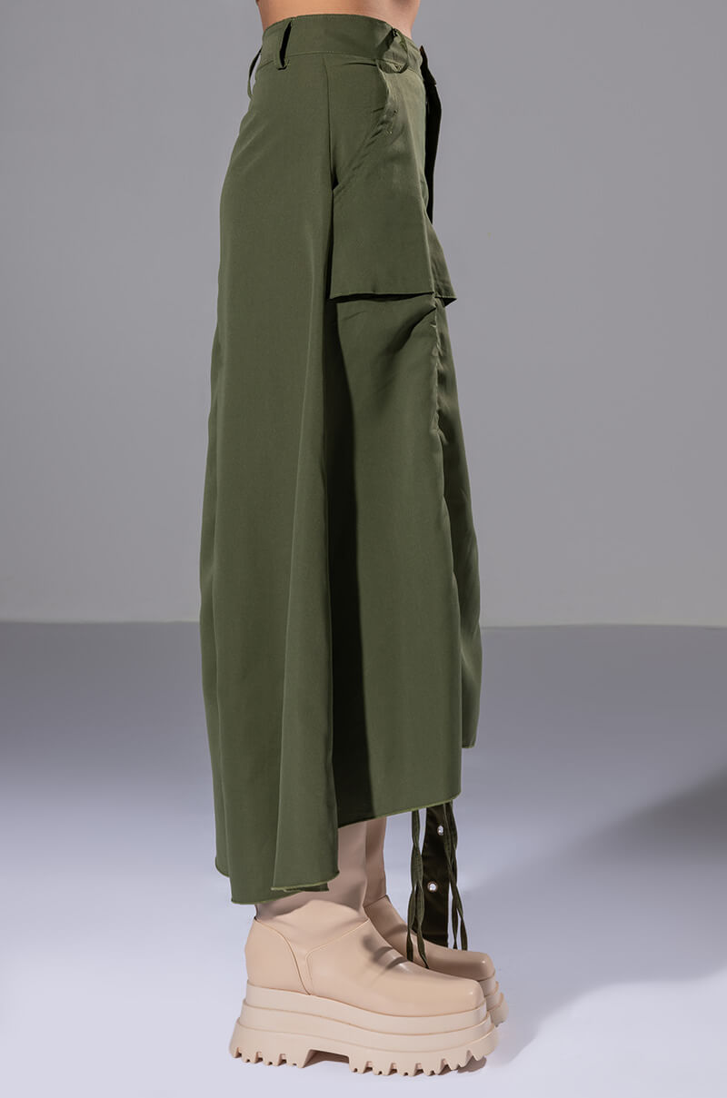 Extra View On The Go Cinched Olive Midi Skirt