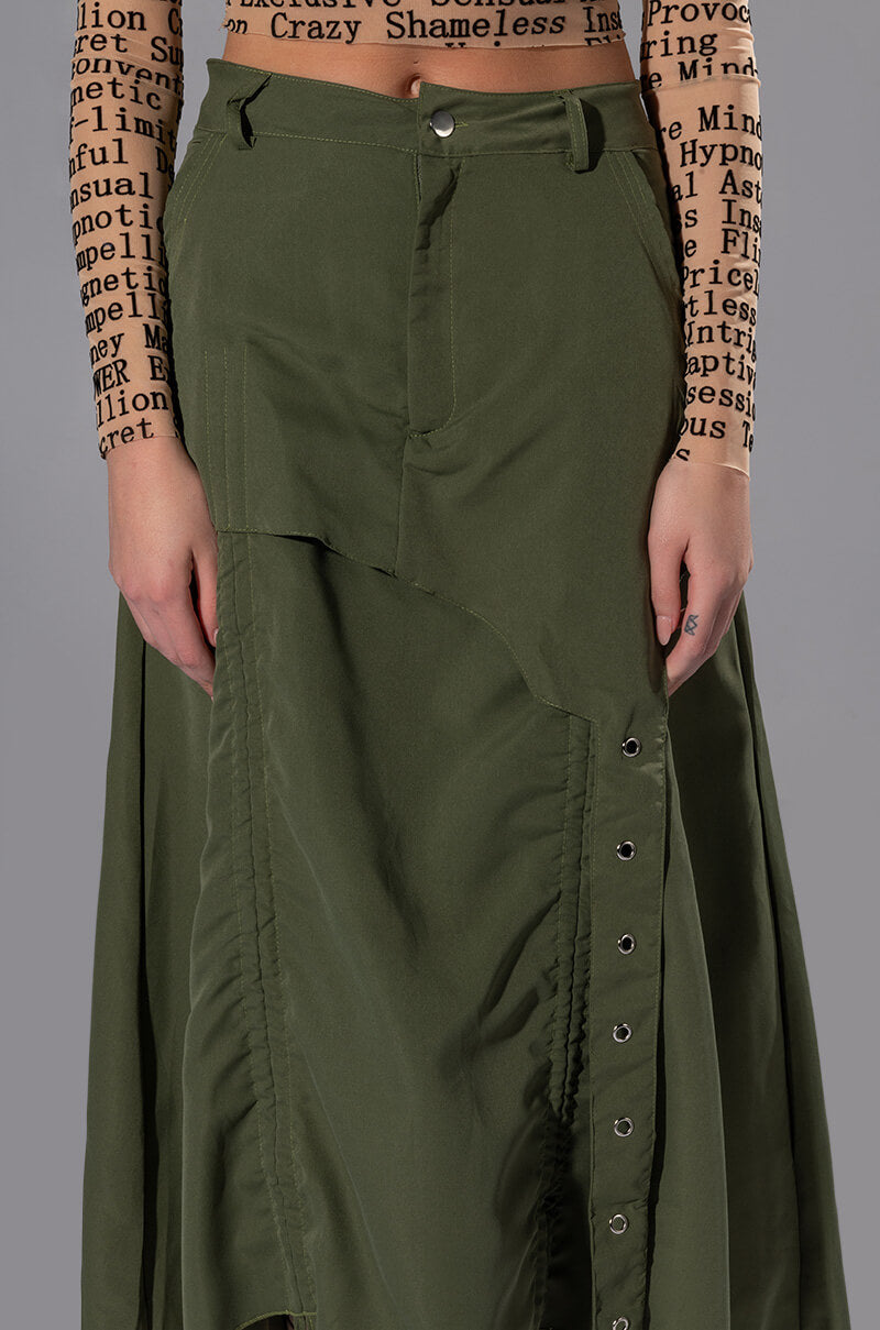 Extra View On The Go Cinched Olive Midi Skirt