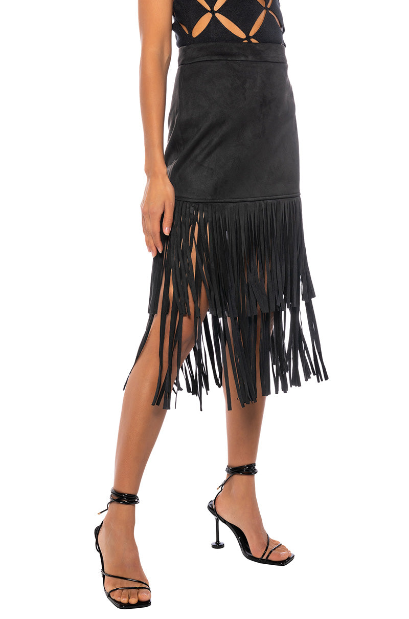 Front View On The Lookout Fringe Midi Skirt 0