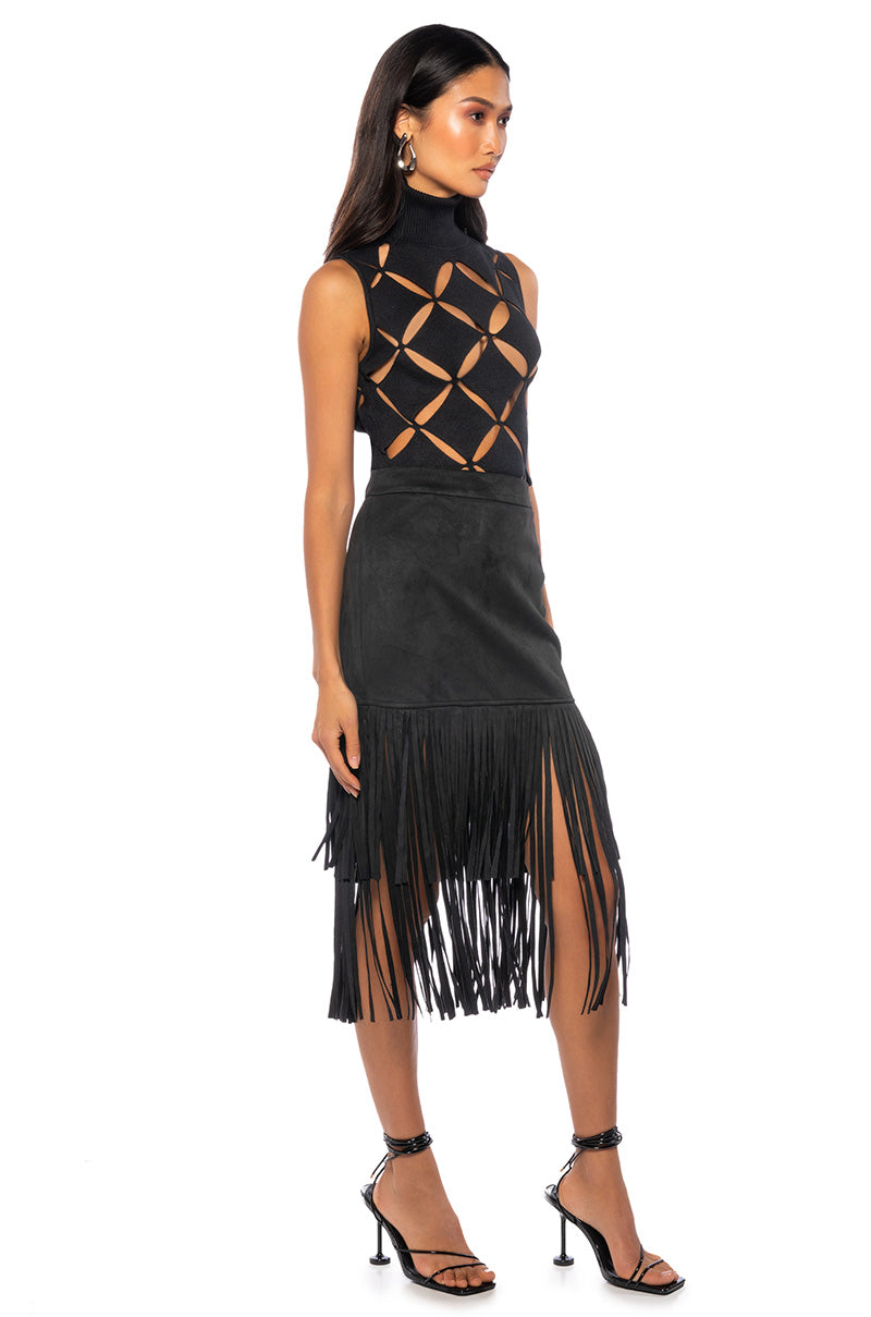 Side View On The Lookout Fringe Midi Skirt 1