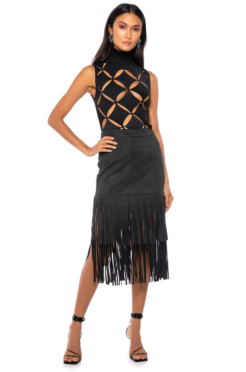 Back View On The Lookout Fringe Midi Skirt 2