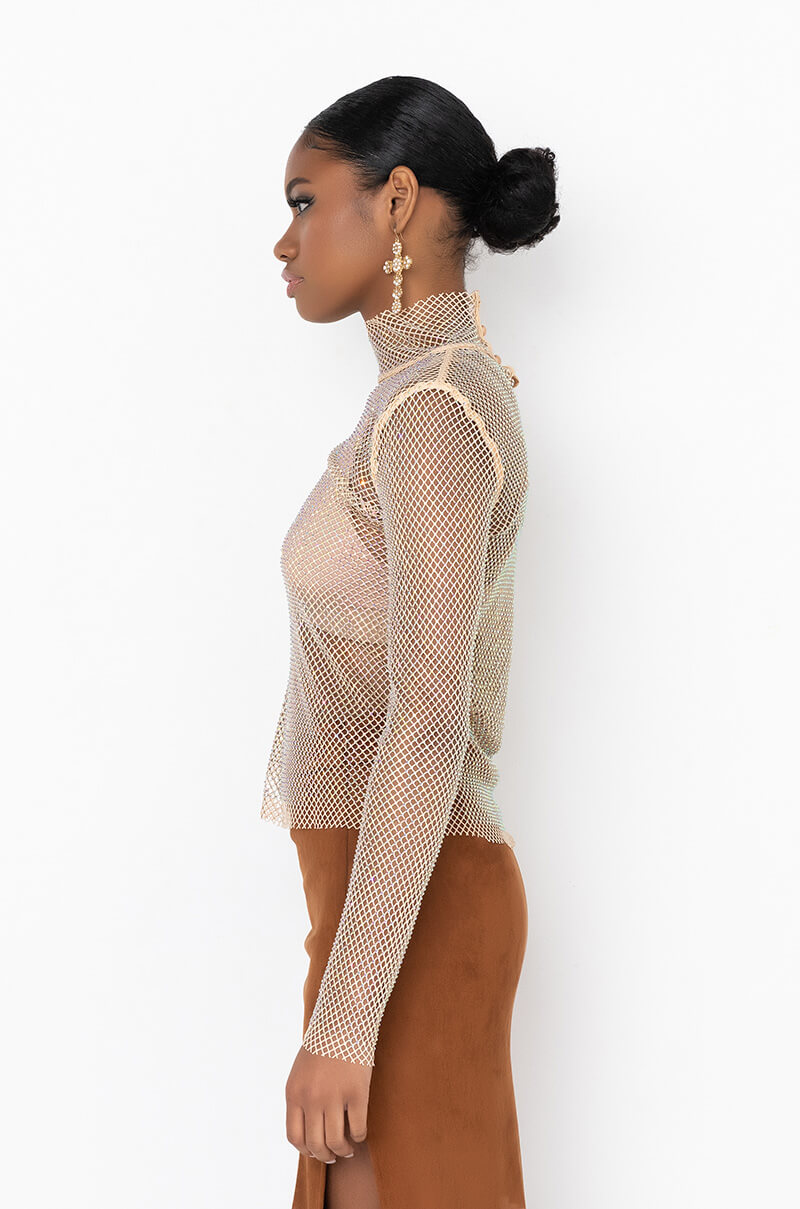 Back View On The Rise Mock Neck Long Sleeve Rhinestone Mesh Blouse