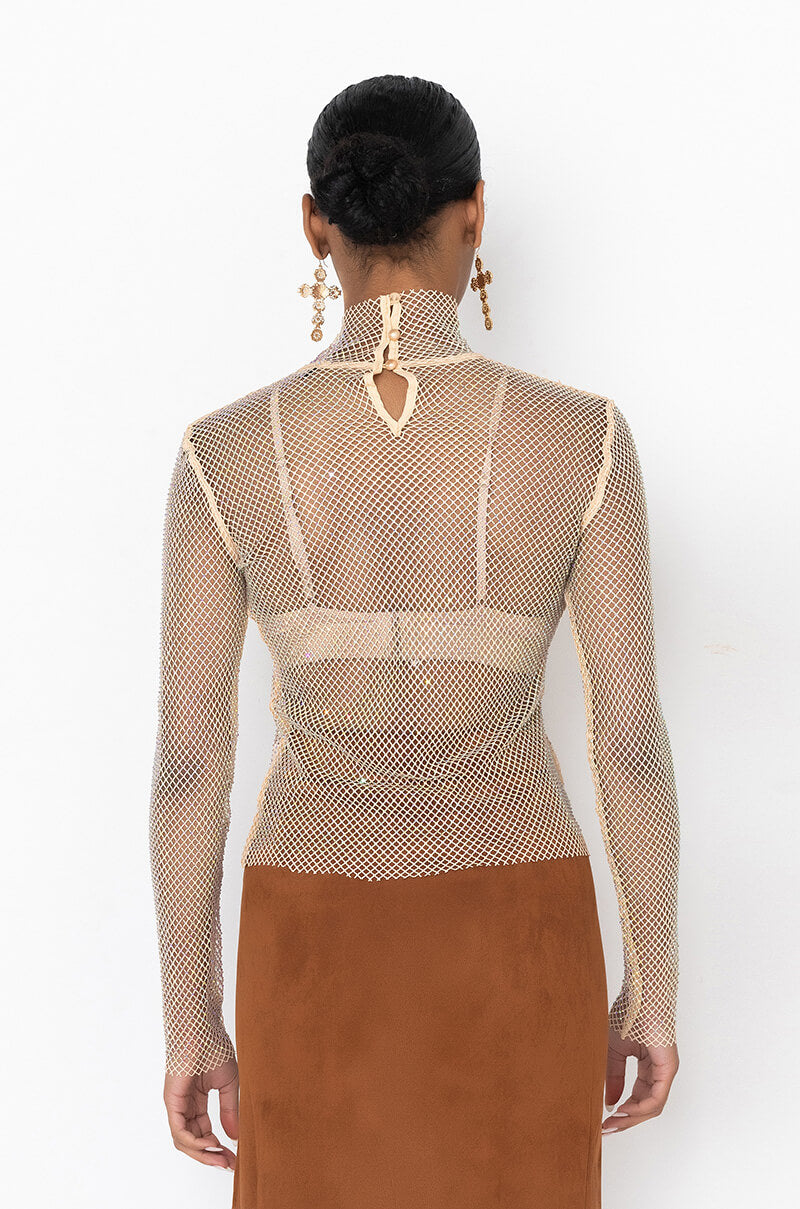 Detail View On The Rise Mock Neck Long Sleeve Rhinestone Mesh Blouse