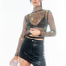 Front View On The Rise Mock Neck Long Sleeve Rhinestone Mesh Blouse