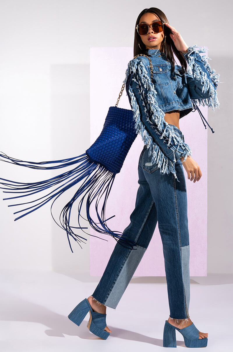 Detail View On The Road Again High Rise Straight Leg Patchwork Jeans