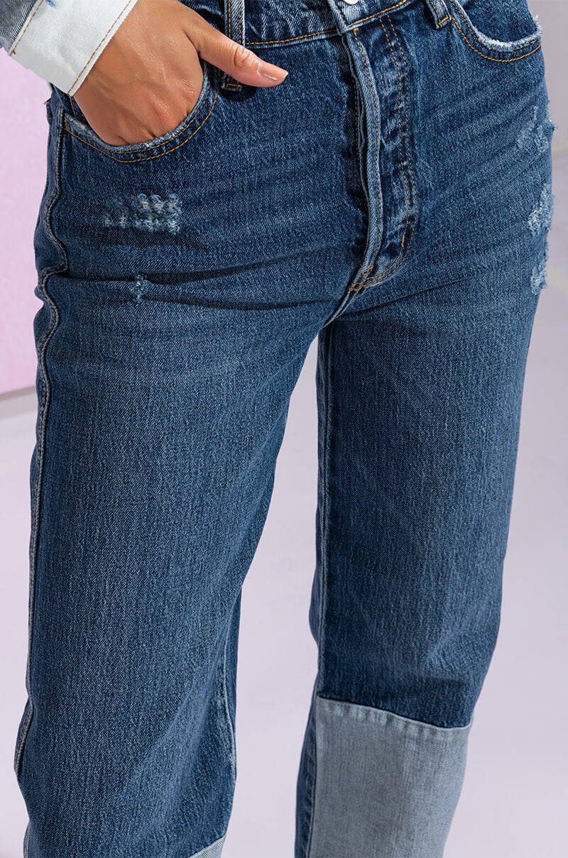 Extra View On The Road Again High Rise Straight Leg Patchwork Jeans