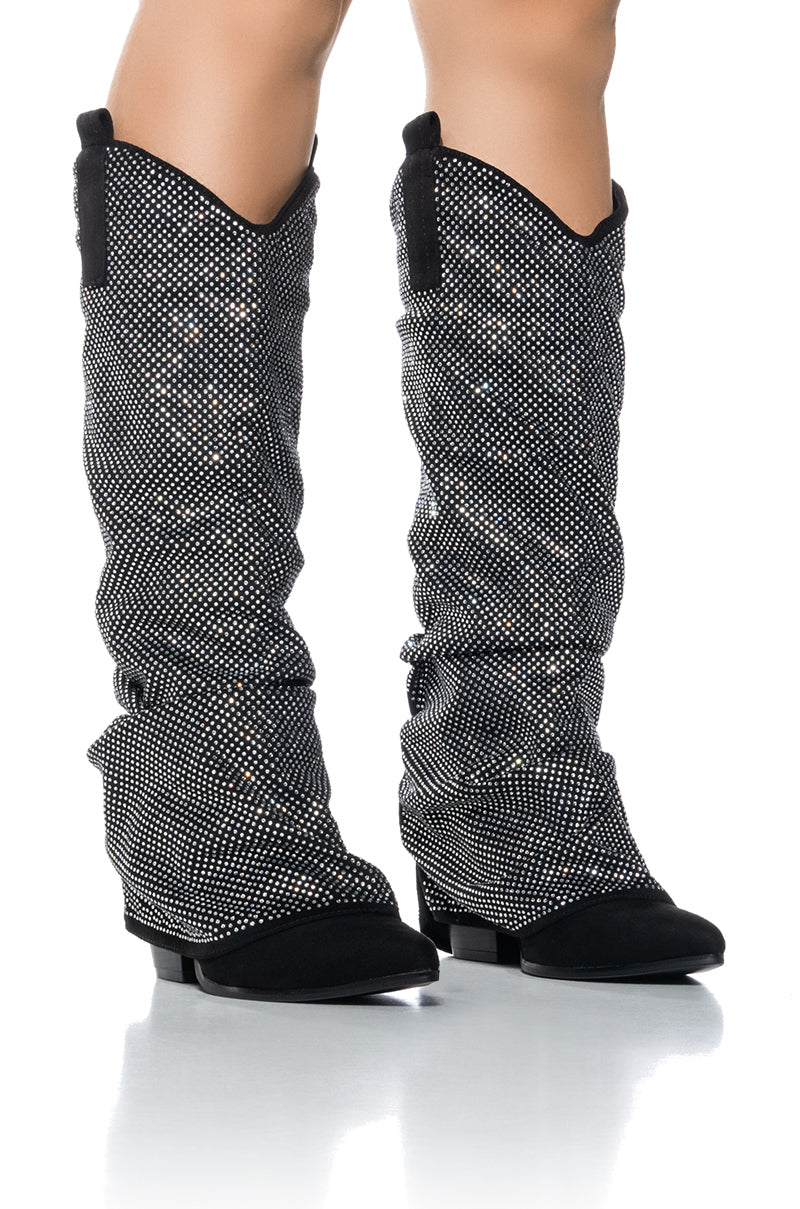 Front View On The Road Rhinestone Fold Over Western Boot In Black