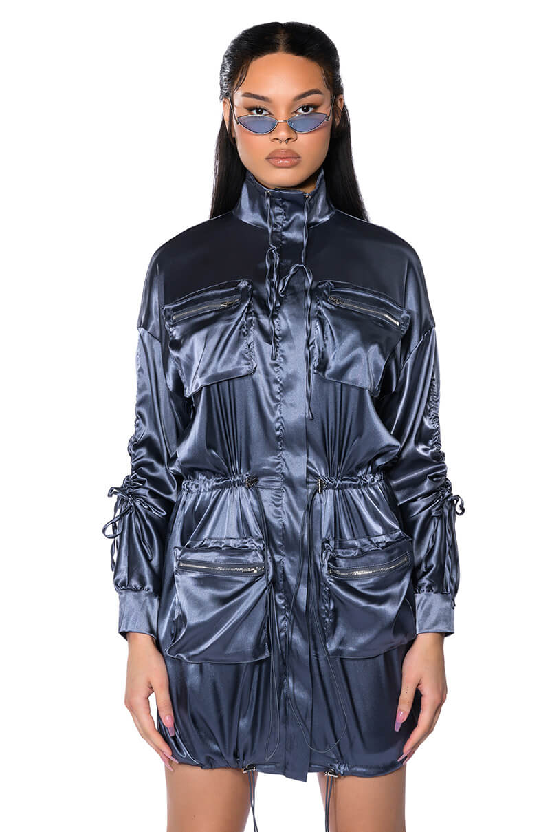 Front View On The Road Satin Utility Mini Dress