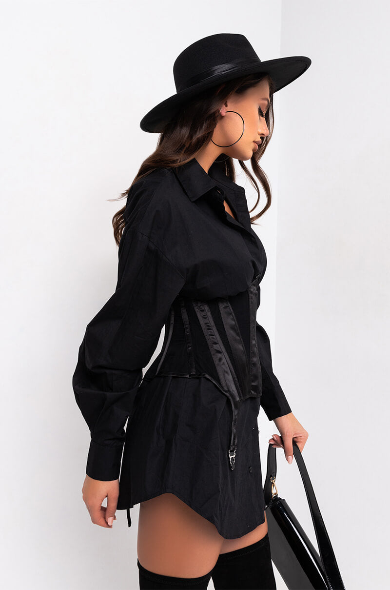 ON THE RUN LONG SLEEVE CORSET MINI DRESS BLACK AKIRA ON THE RUN LONG SLEEVE CORSET MINI DRESS BLACK AKIRA