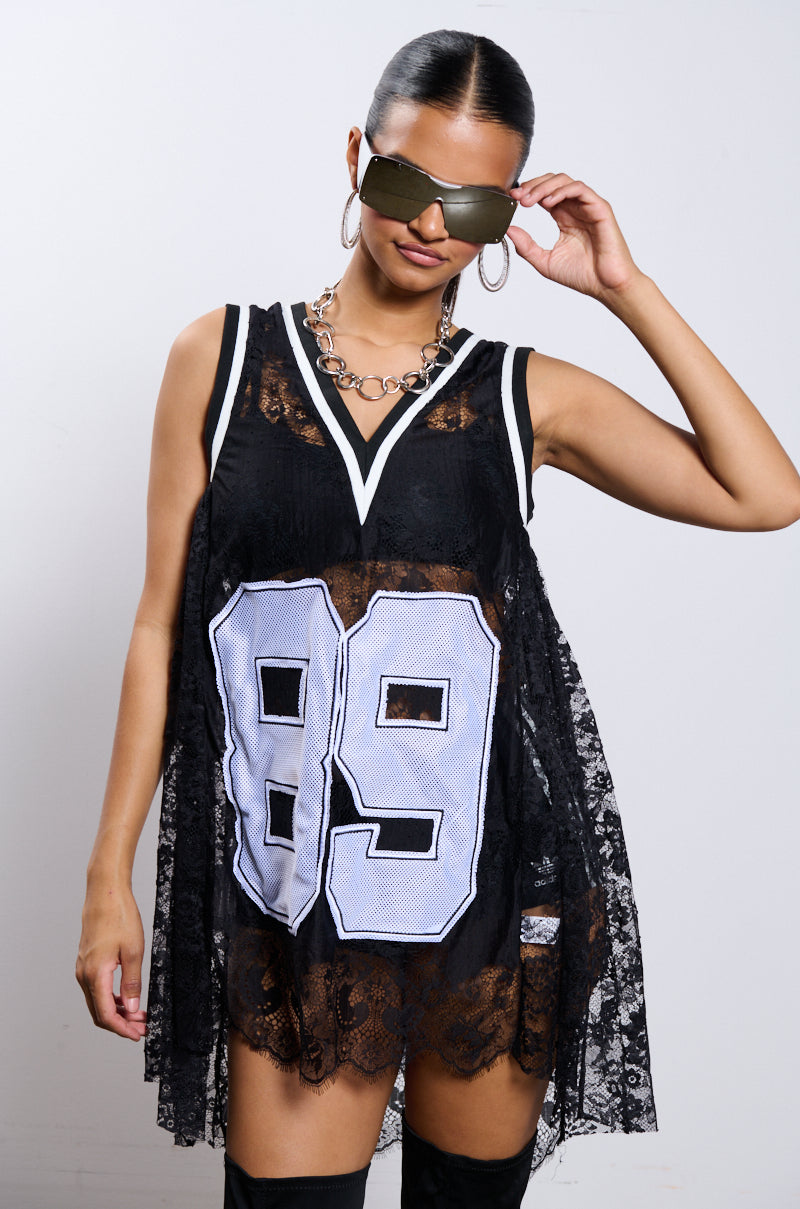 Side View On The Sidelines Lace Jersey Mini Dress