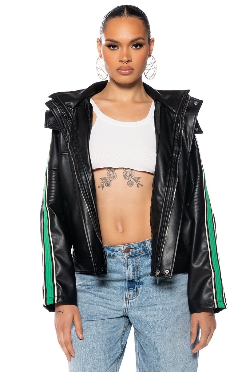 ON YOUR MARKS FAUX LEATHER HOODED JACKET view 0