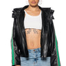 Front View On Your Marks Faux Leather Hooded Jacket