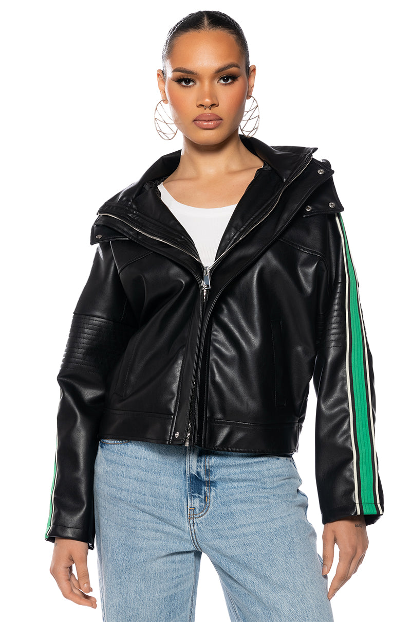 Side View On Your Marks Faux Leather Hooded Jacket