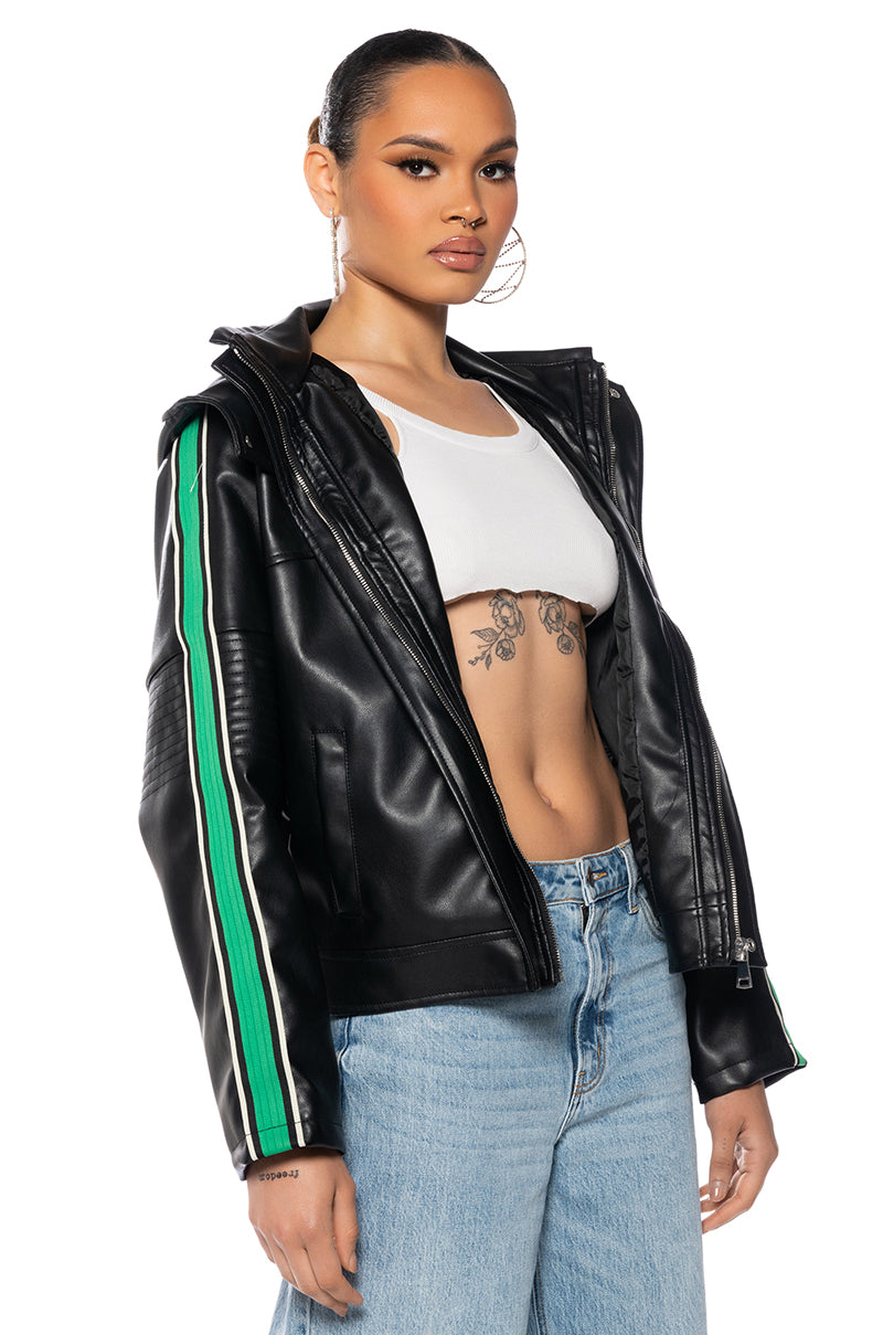 Back View On Your Marks Faux Leather Hooded Jacket